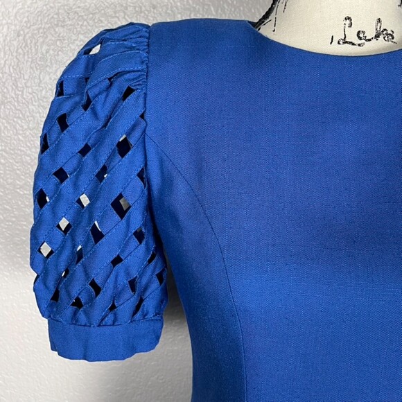 Vintage Warren Petites Sz 2P Cocktail Dress Formal Royal Blue Lattice Sleeves - Picture 3 of 12